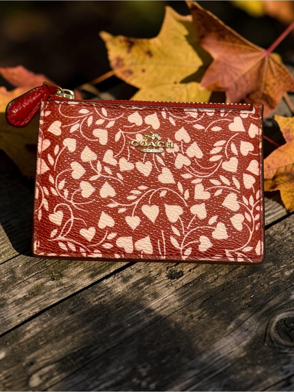 Coach Red Heart Print Card Case Wallet Zip Coin Purse Valentine's Day Leather